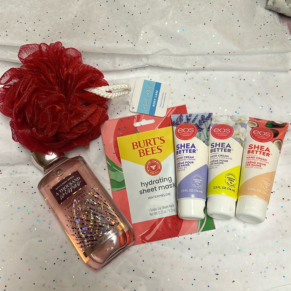 3 shea better hand creams, Bath Pouf, Burt’s Bee Hydrating sheet mask